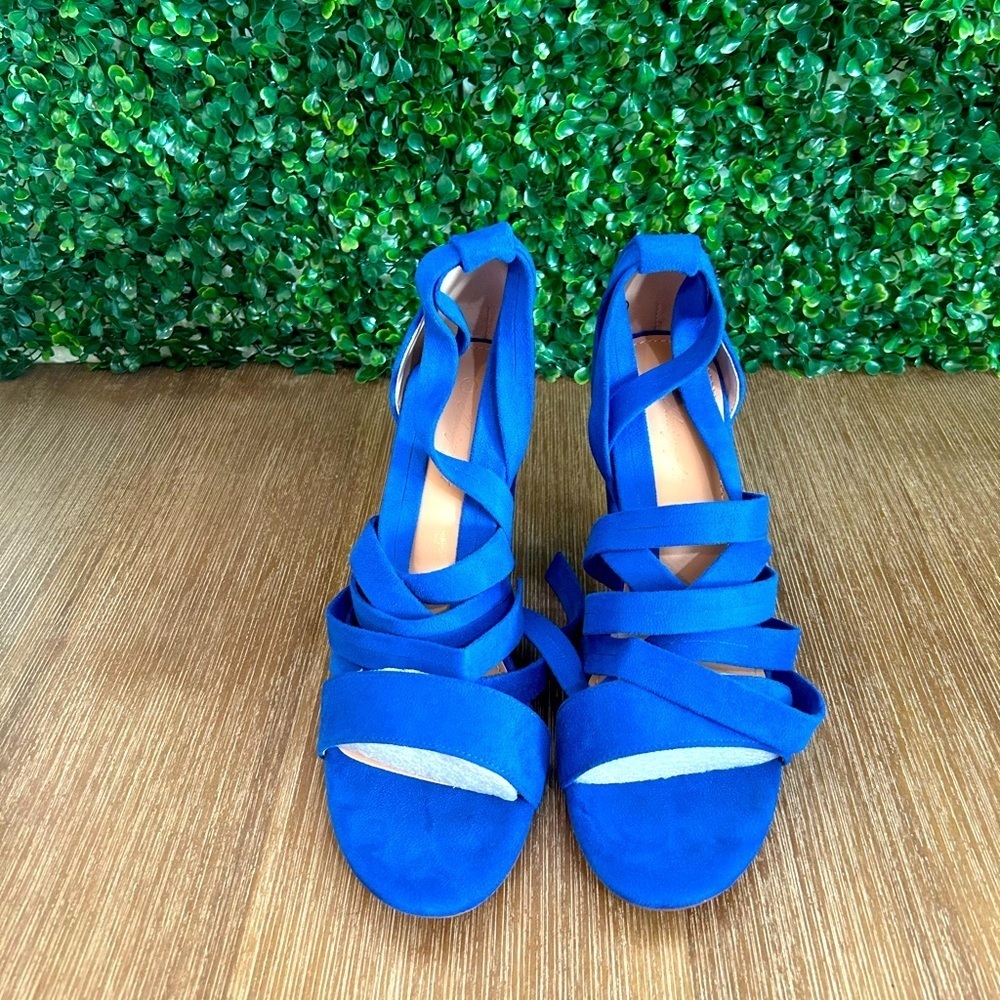 Bold Blue Lace-Up Block Heel Sandals Women’s 9 – Suede Strappy Party Shoes NEW - Picture 9 of 15